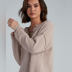 Lillusory|Tan neutral waffle knit sweatshirt with button details,Size XL•••Boho